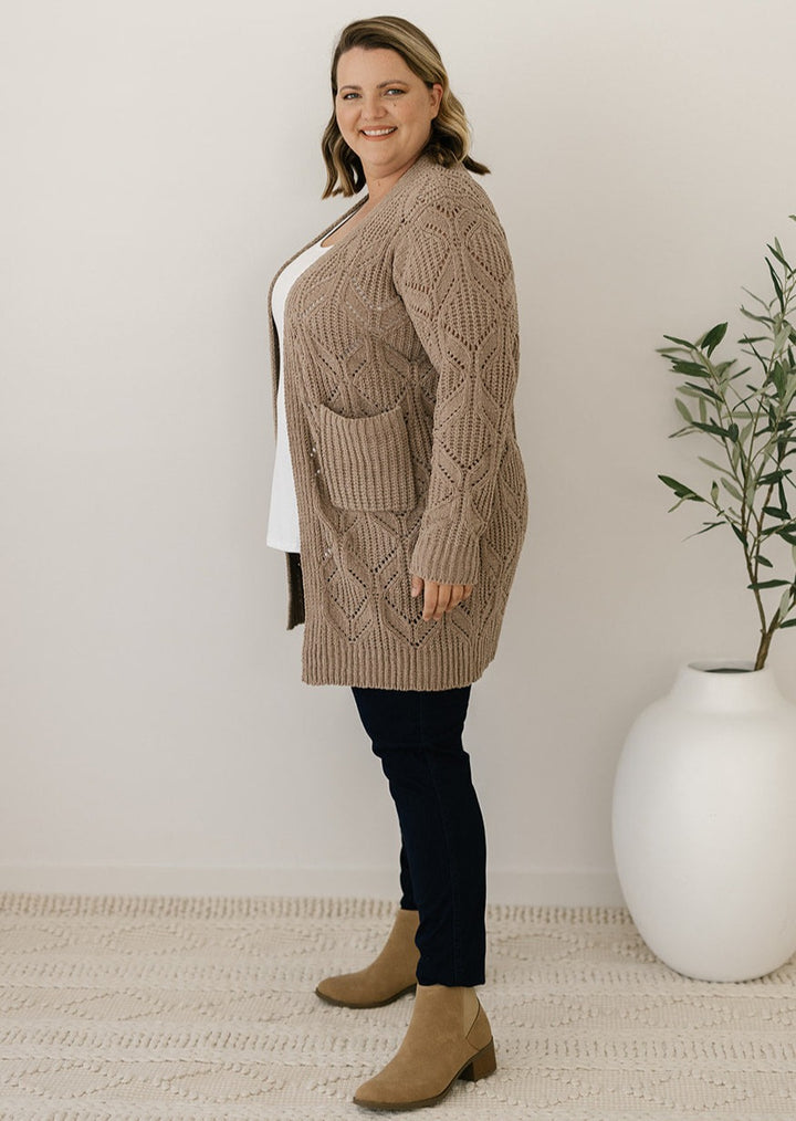 women's taupe cable-knit cardigan with pockets