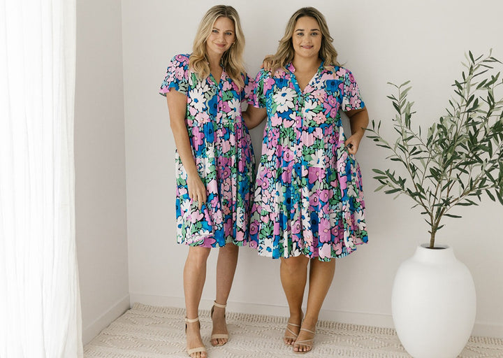 smock-style summer floral button-down dress