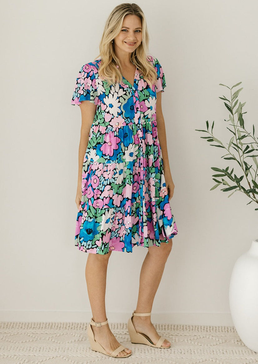 womens floral knee-length smock dress for summer