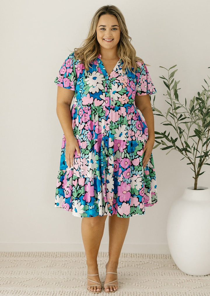 womens summer knee-length floral button-down dress