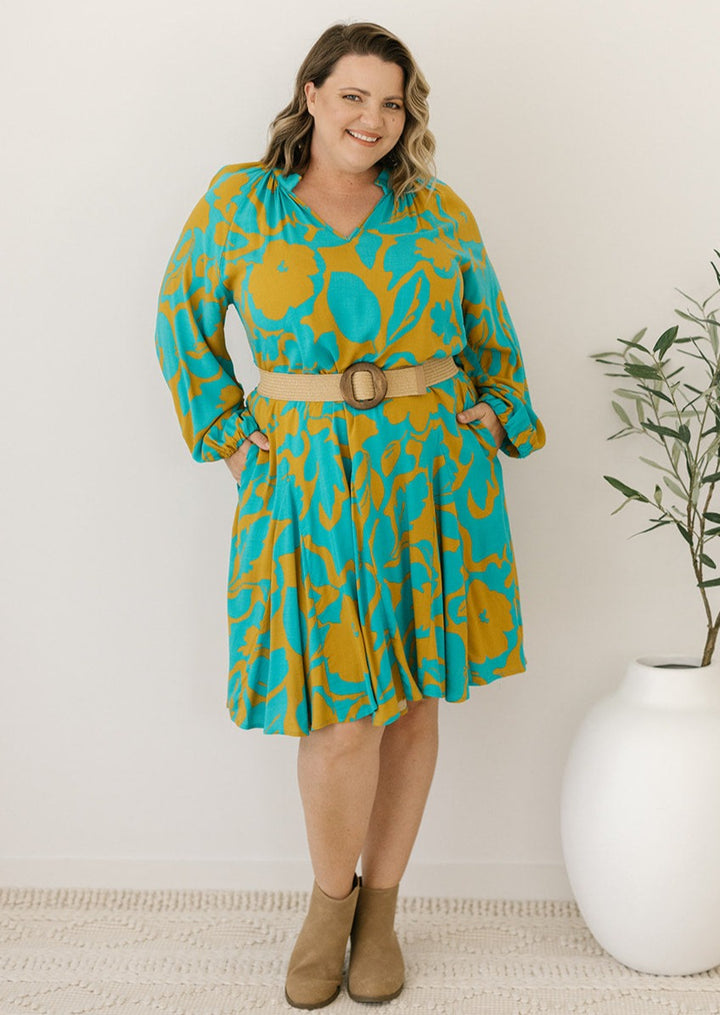 teal and mustard retro floral smock style dress with belt