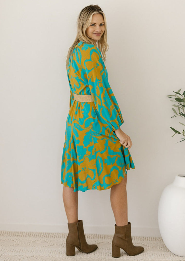 retro floral long-sleeved knee-length dress with belt