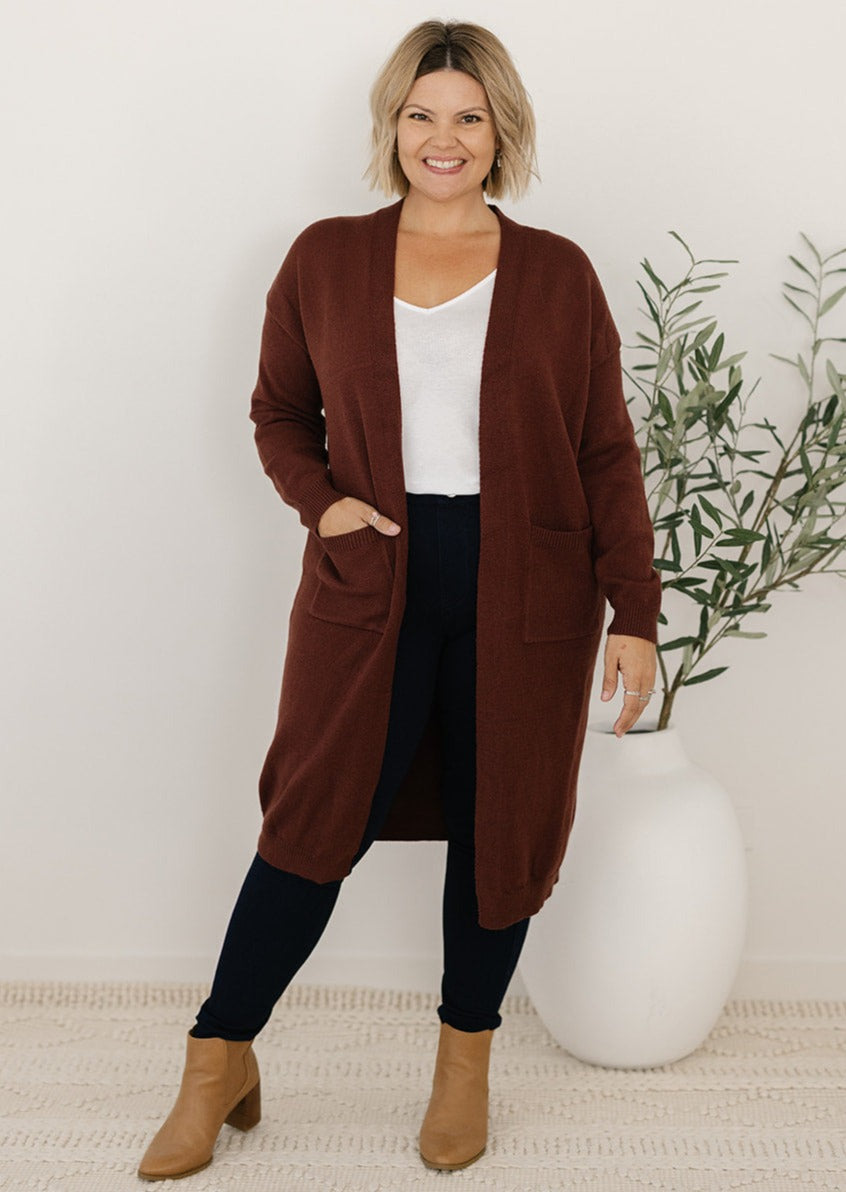 Brown longline knit cardigan