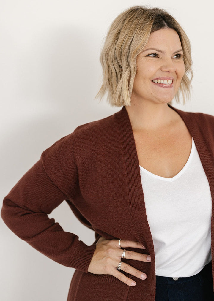 Plus-size brown knit cardigan for women