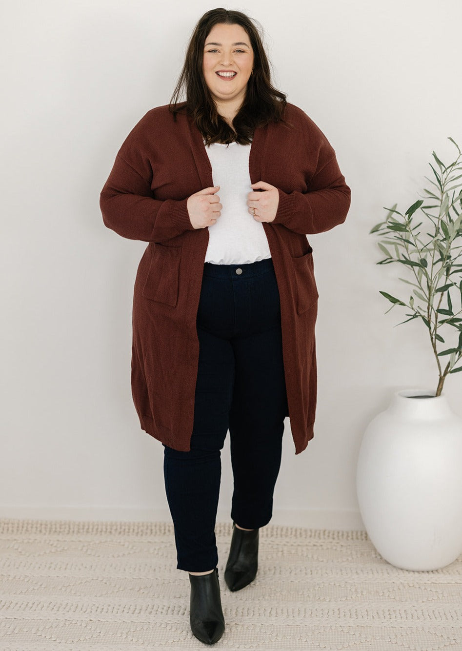 Women's brown longline knit cardigan