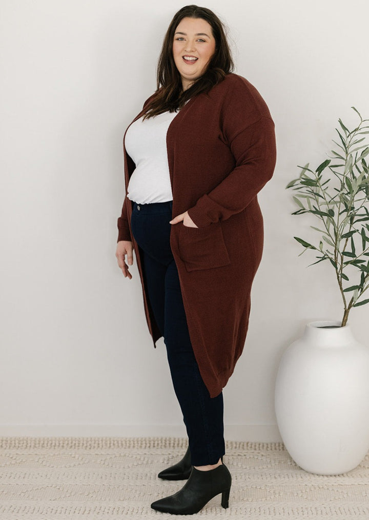 Knit longline brown cardigan with pockets