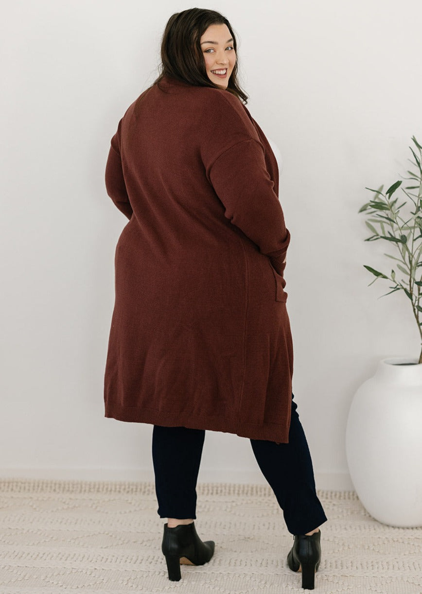 Women's plus-size brown knit cardigan