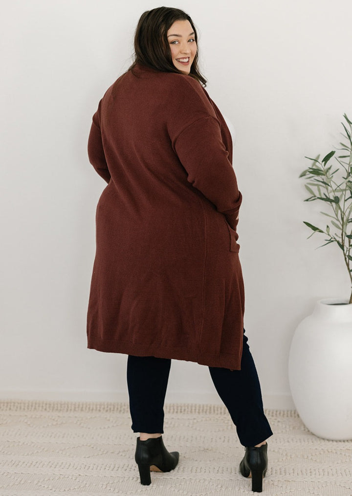 Women's plus-size brown knit cardigan