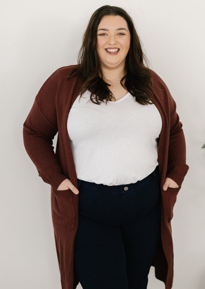 Long knit cardigan in brown with pockets