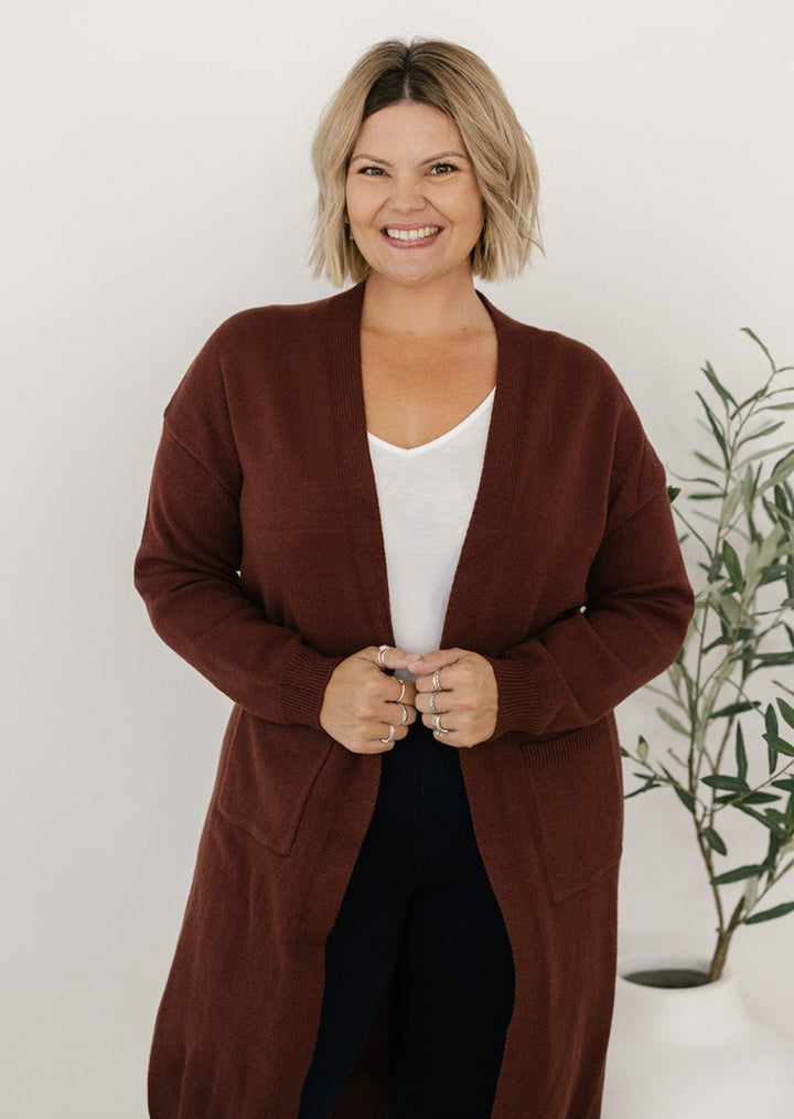 Long brown knit cardigan for women