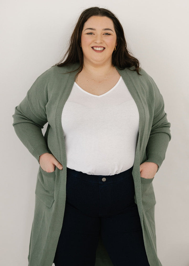 Long green knit cardigan for women