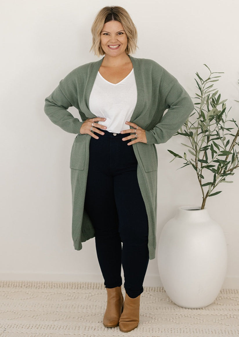 Women's green longline knit cardigan