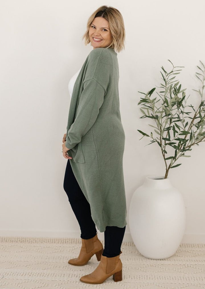 Knit longline green cardigan with pockets