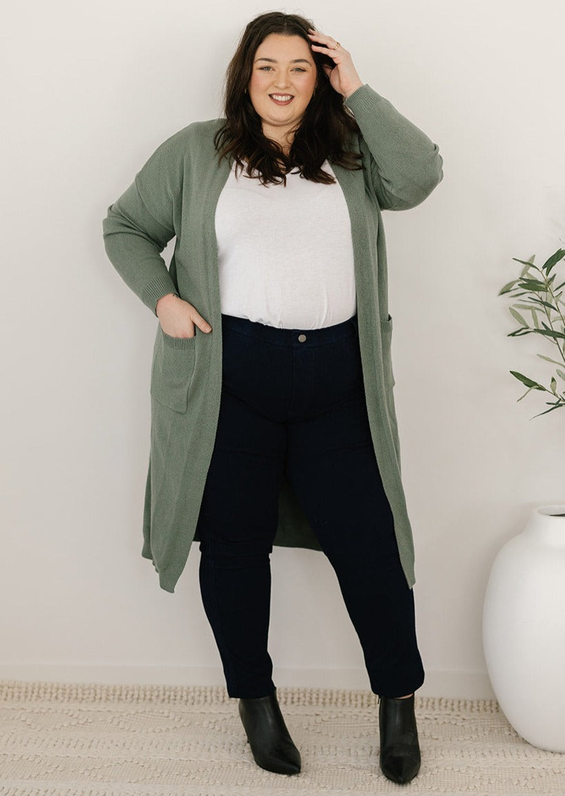 Green longline knit cardigan