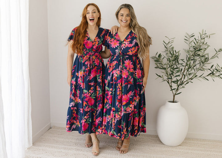 navy and pink floral maxi dress with pockets