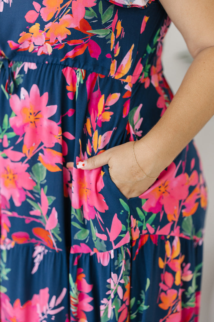 navy and pink drawstring-waist floral maxi dress with pockets