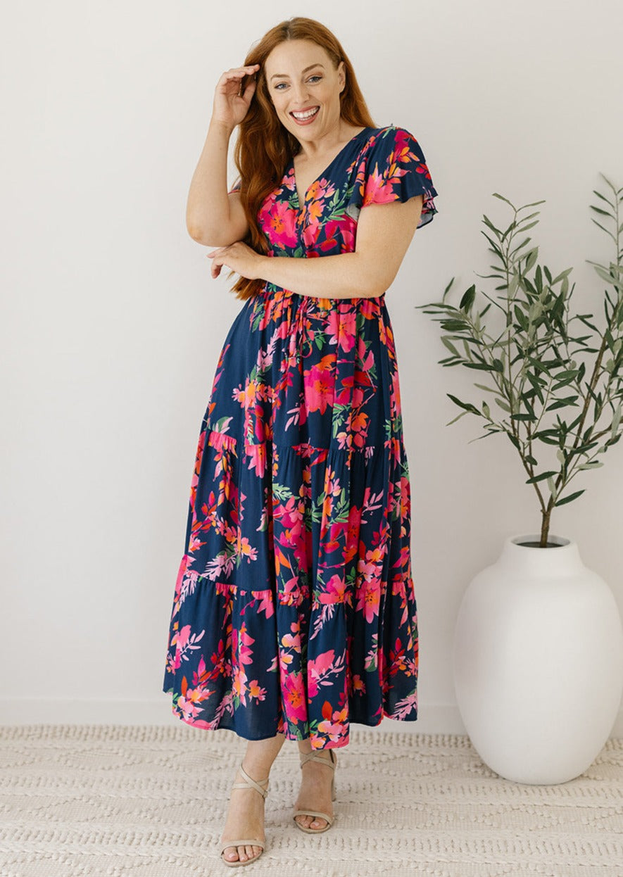 navy and pink floral drawstring waist maxi dress