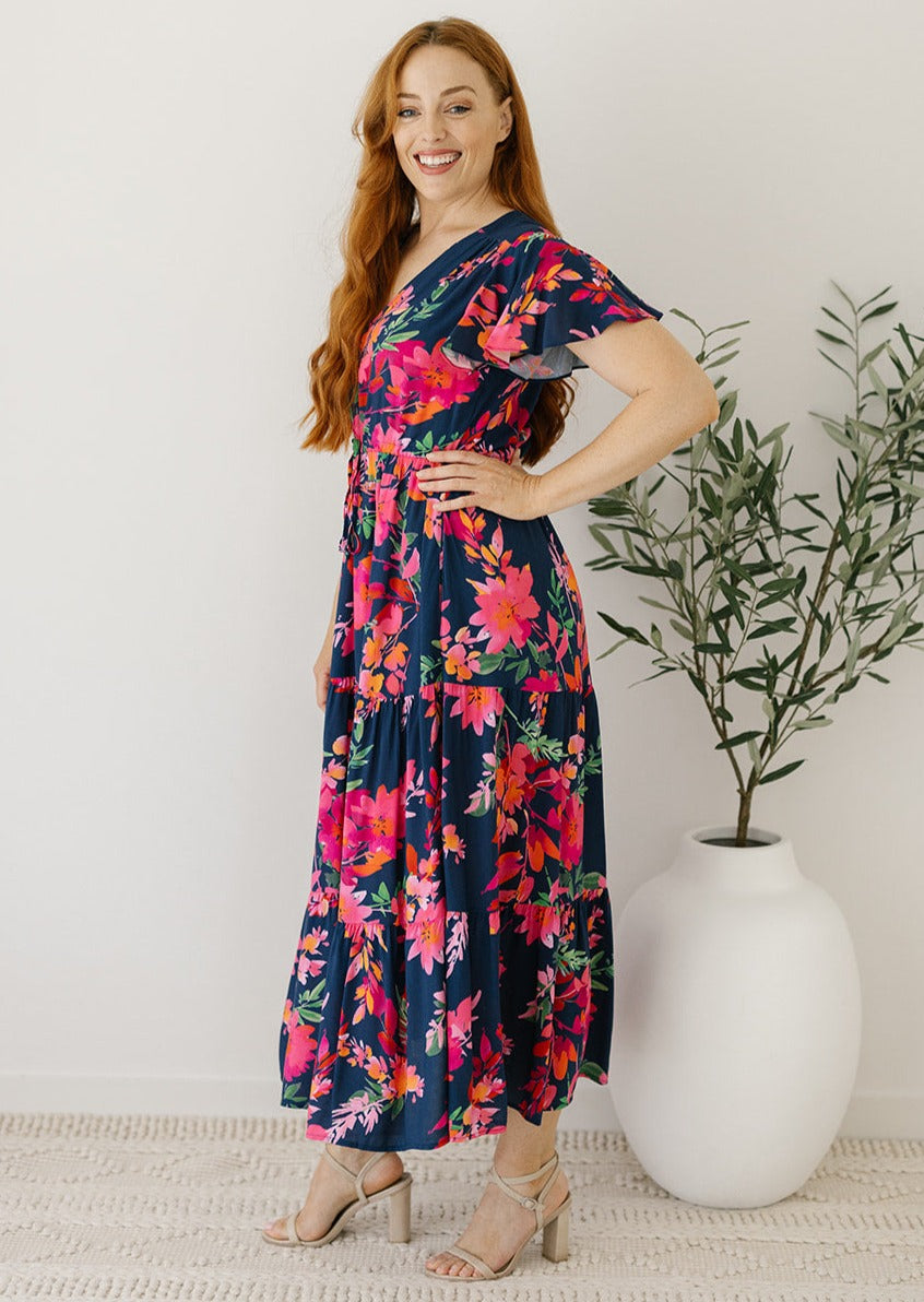 women's navy and pink floral maxi dress with pockets