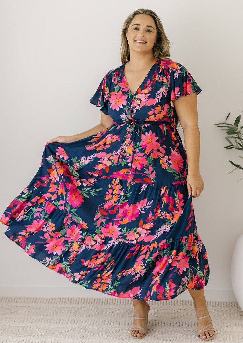 floral maxi dress with drawstring waist