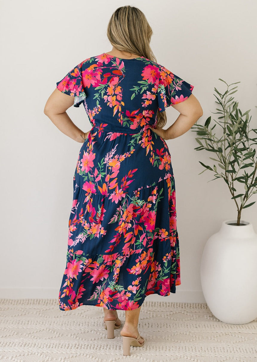 ladies plus-size floral maxi dress with drawstring waist