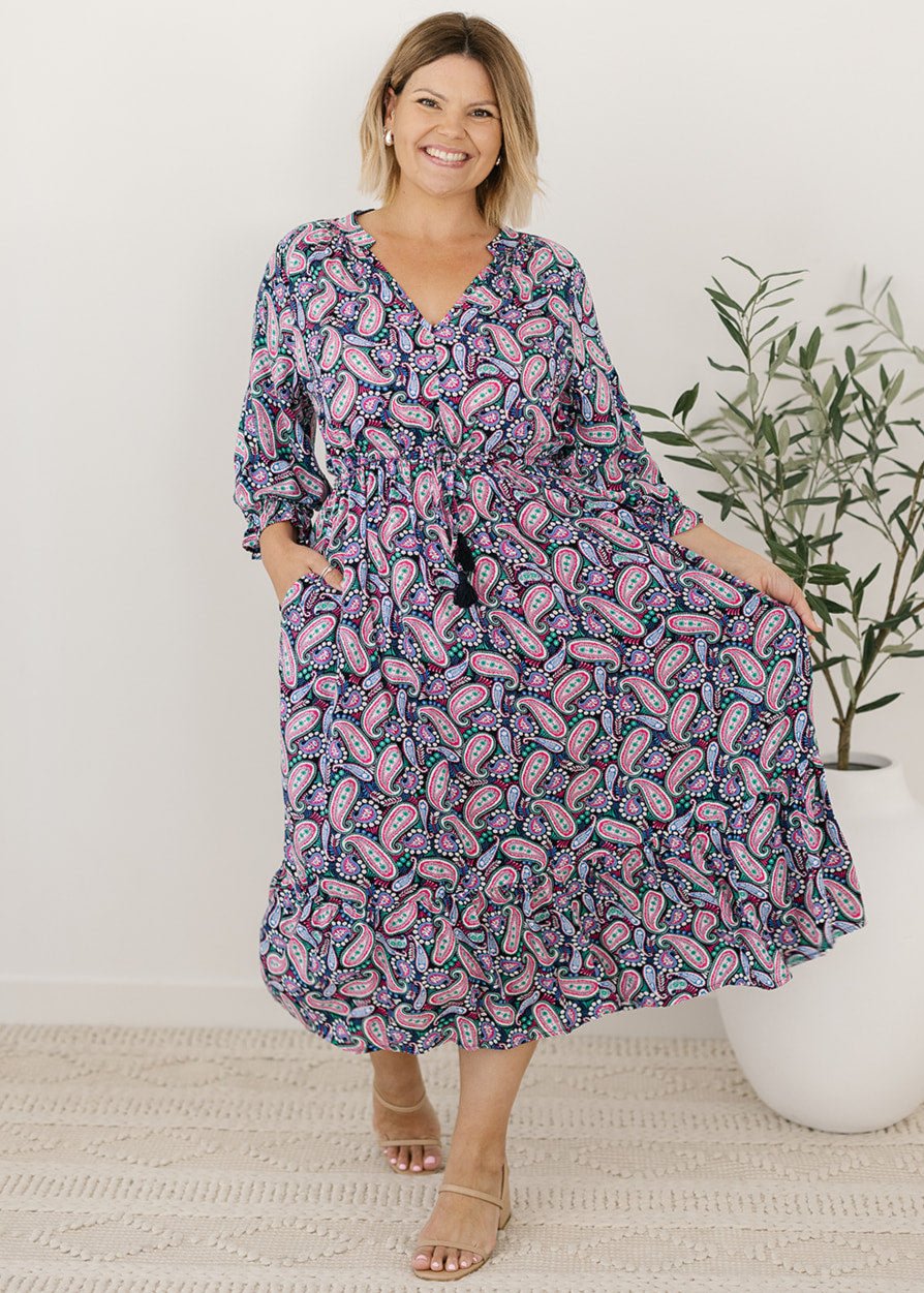 women's pink and black paisley print midi dress