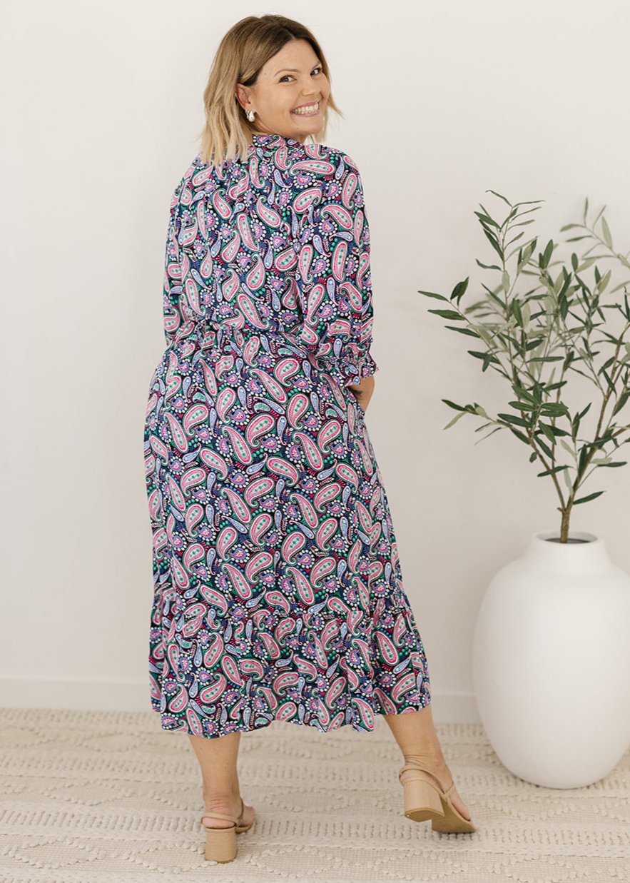 ladies paisley print midi dress with drawstring waist