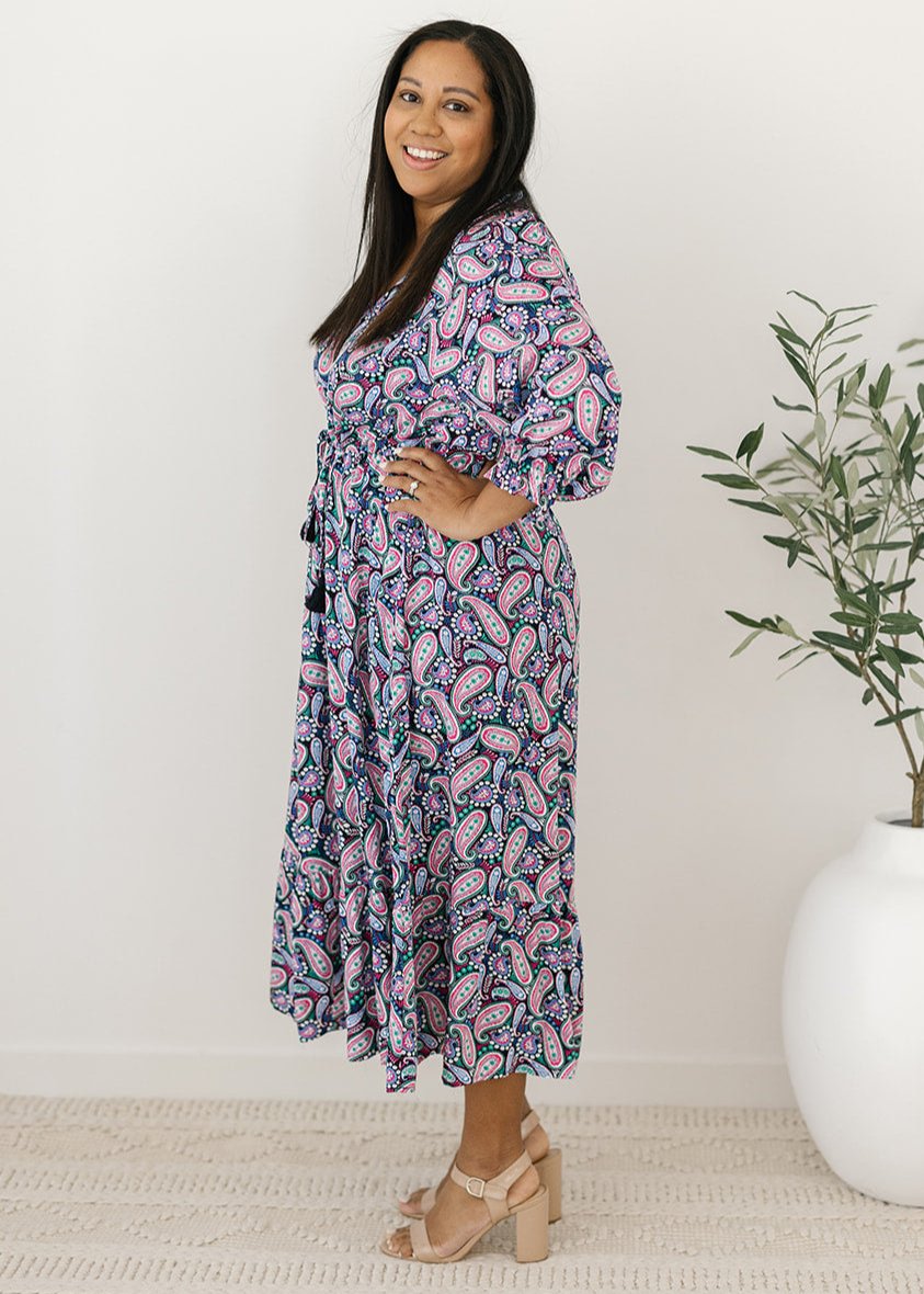 ladies pink and black paisley print midi dress