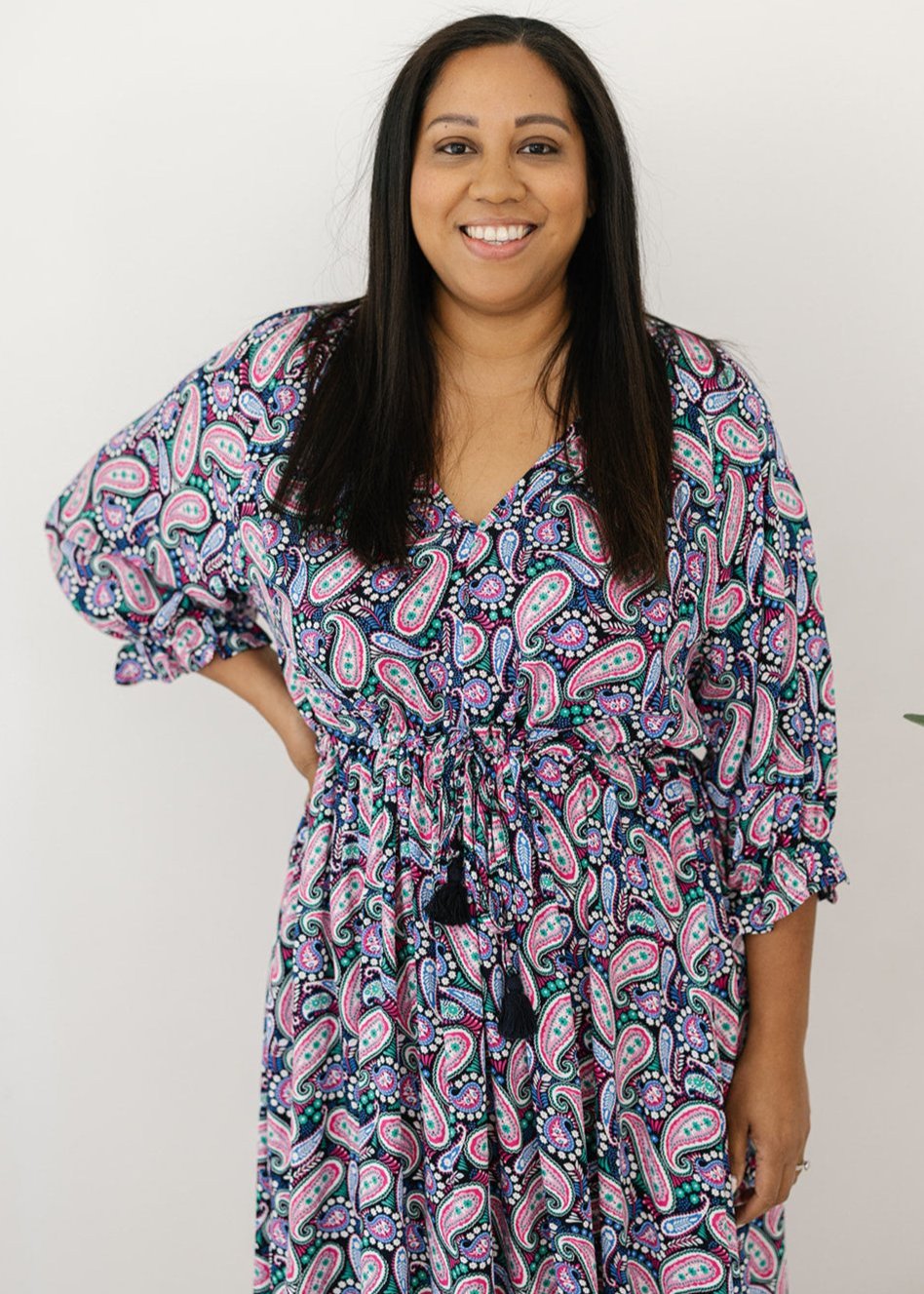 women's paisley print midi dress with drawstring waist
