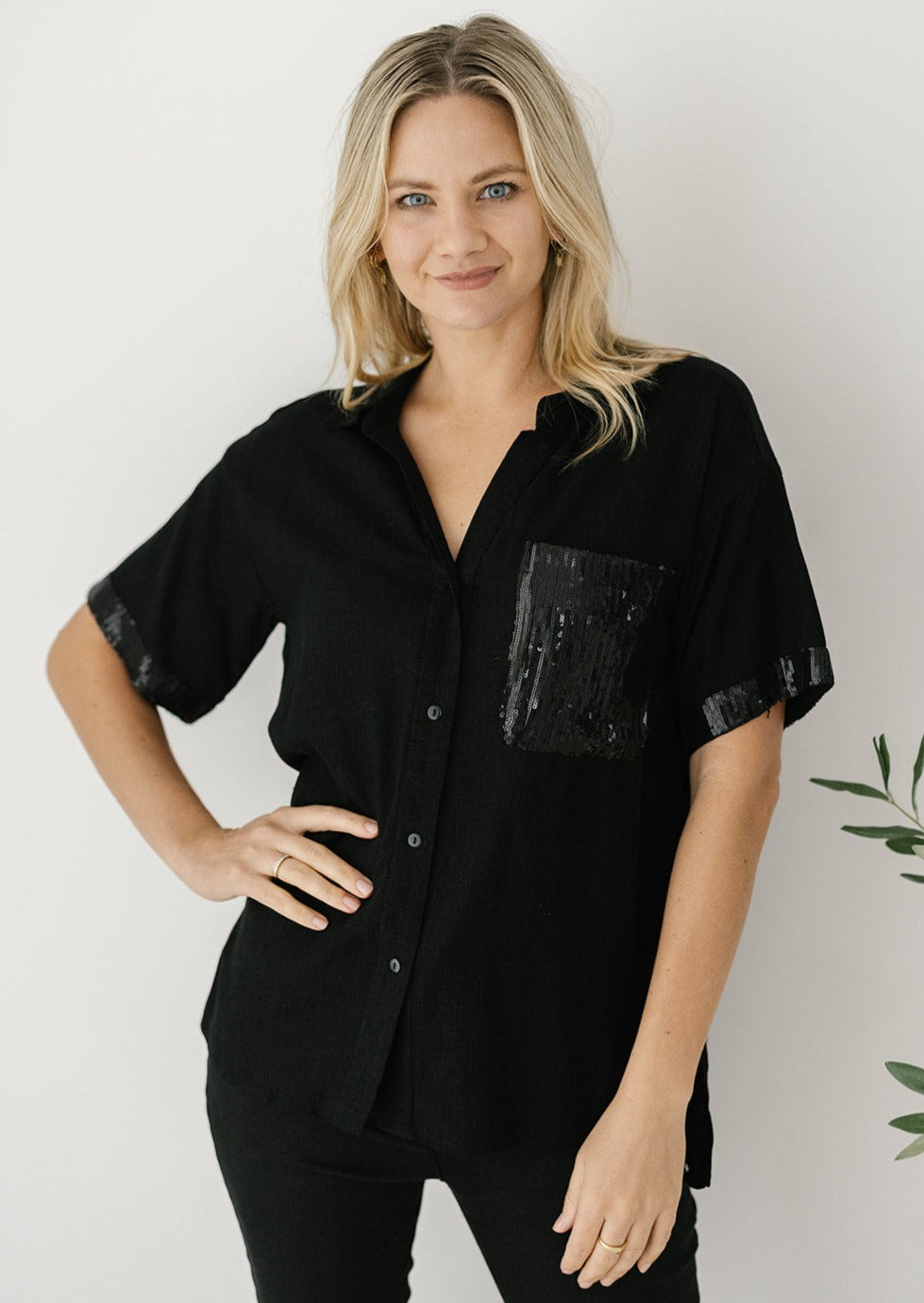 button-down black linen top for women
