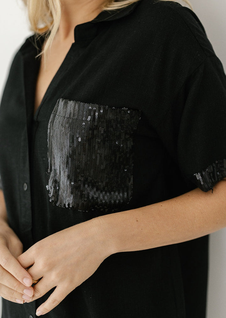womens black linen embellished shirt
