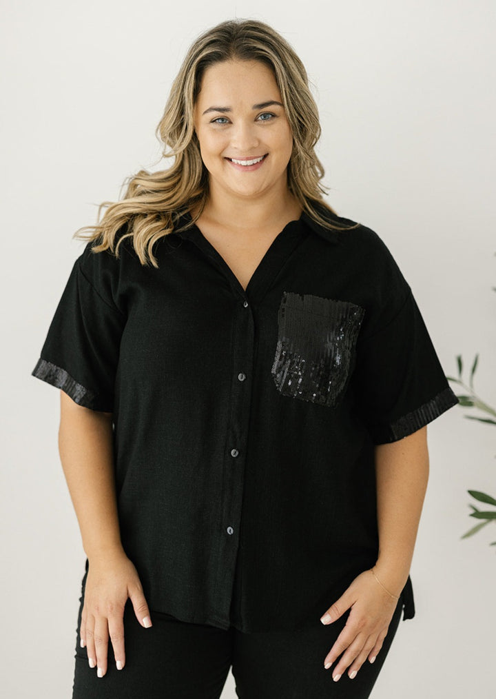 black embellished button-down top for women 