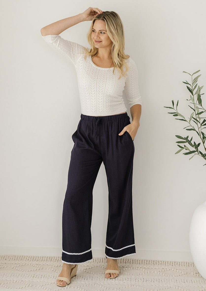 womens navy linen pants with pockets