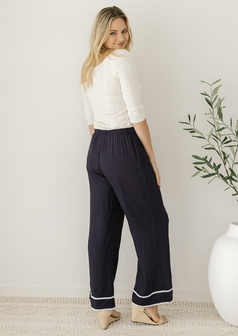 elastic-waisted navy linen pants with pockets for women