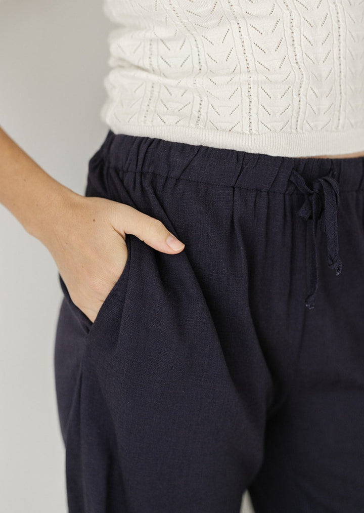 elastic-waisted navy linen pants with pockets for women