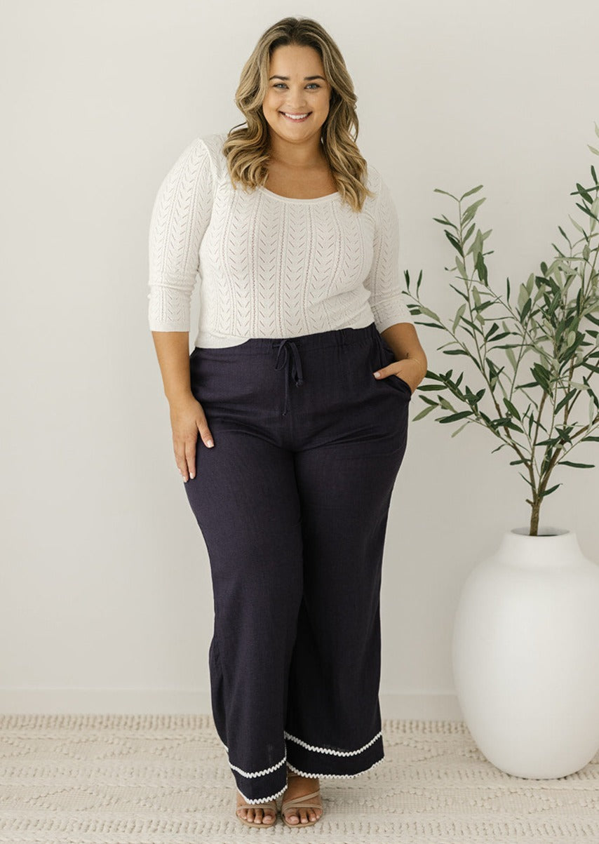 navy elastic-waisted linen pants for women