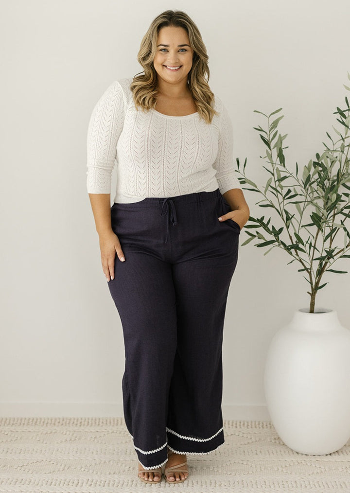 navy elastic-waisted linen pants for women