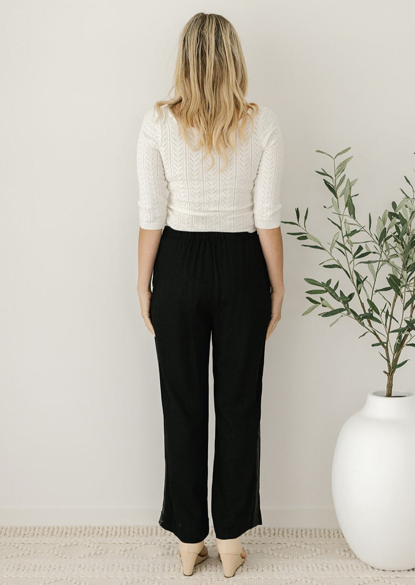 women's black linen embellished pants with pockets