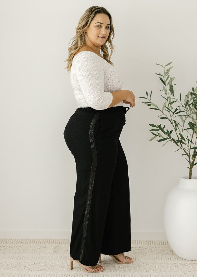 womens black linen embellished pants with pockets