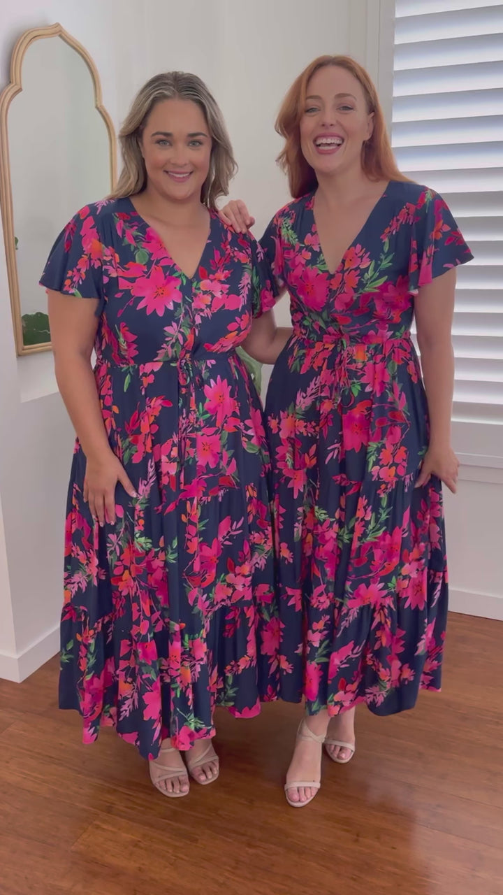 plus-size navy floral maxi dress with pockets
