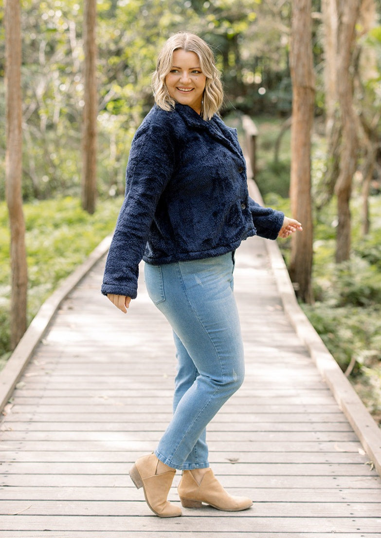 Teddy Cropped Jacket in Navy